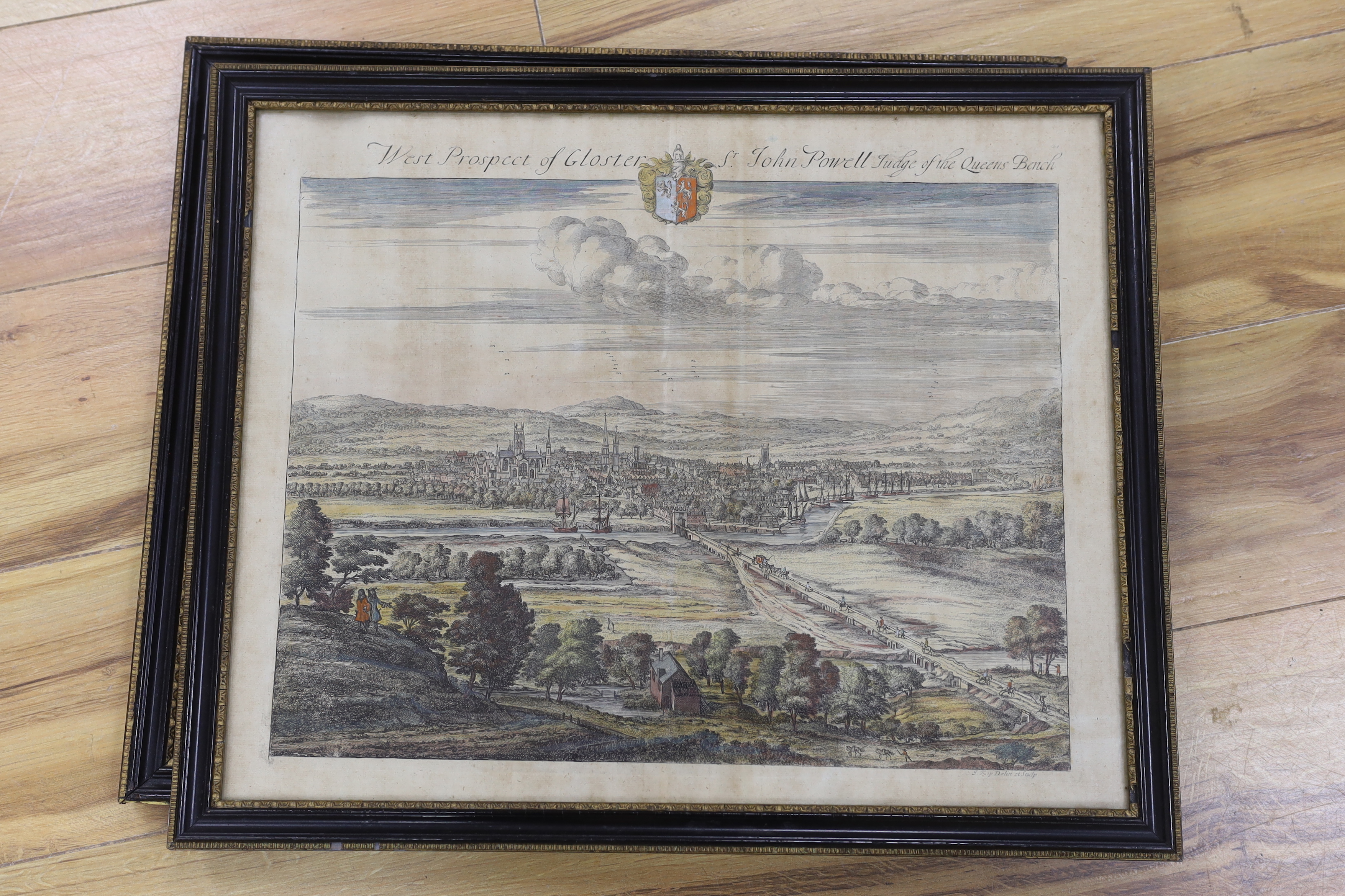 After Johannes Kip (Dutch, 1653-1722), two colour engravings comprising West Prospect of Gloucester and Flaxley, The seat of Mrs Bovey, 38 x 47cm